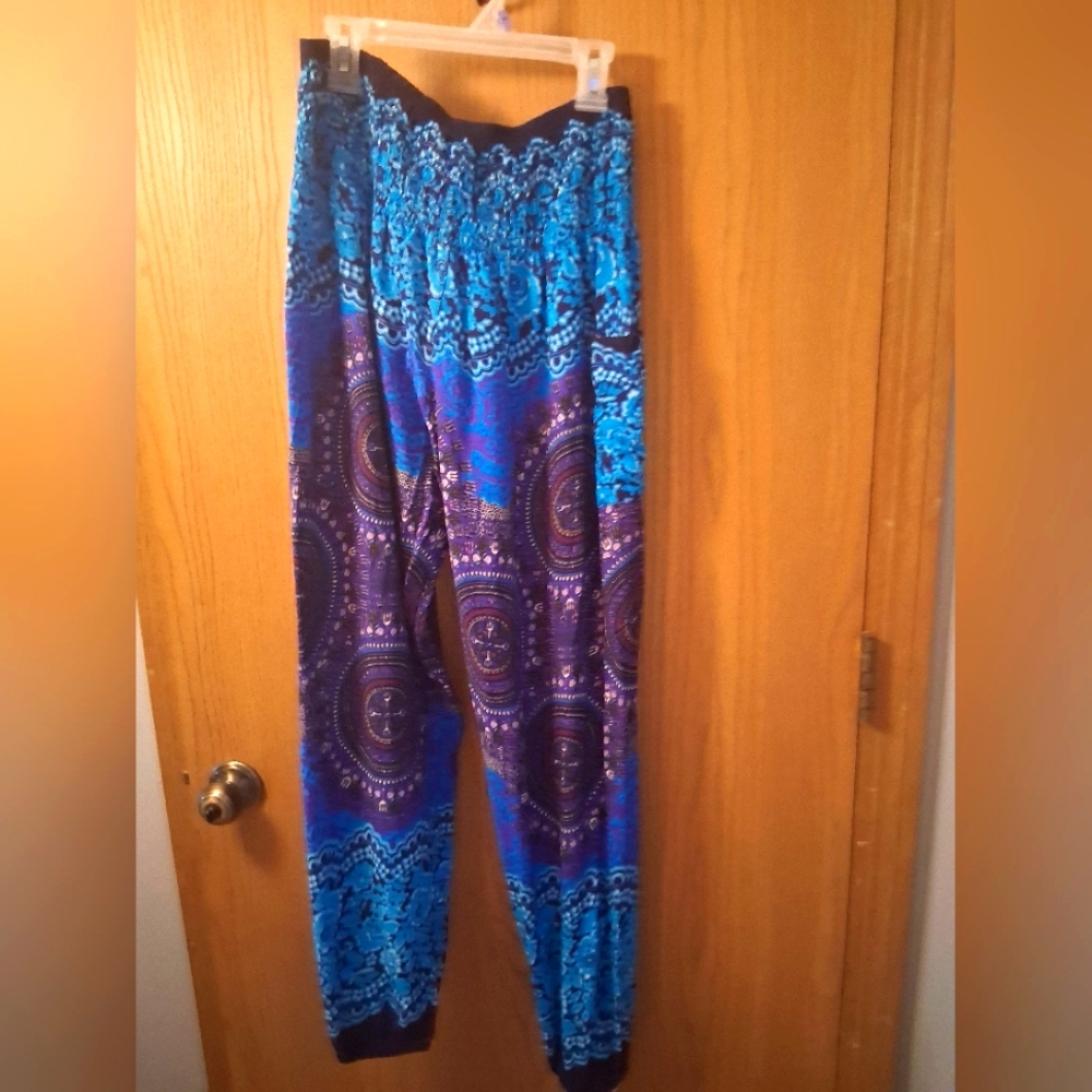 Vibrant Blue and Purple Patterned Boho Hippie Pants With Pocket Size L/XL